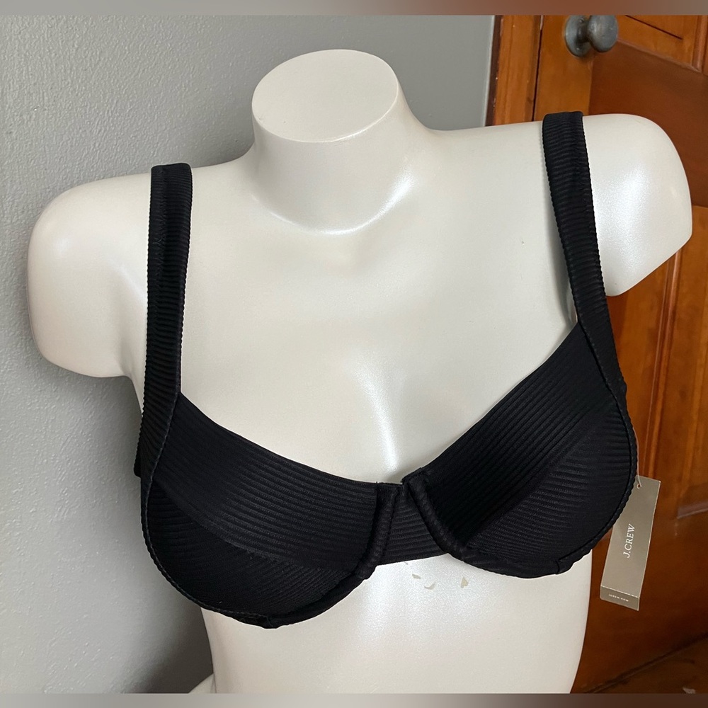 NWT J. Crew Black Bikini Top Size 32D Ribbed Underwire Criss Cross Tie TOP ONLY